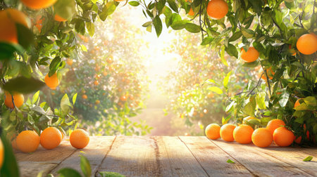 This stunning image showcases a vibrant orange orchard with fresh oranges resting on a rustic wooden surface, framed by lush green foliage and gentle sunlight.の素材