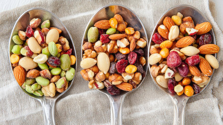 A visually appealing arrangement of various nuts, seeds, and dried fruits showcased in silver spoons on a light fabric background, perfect for healthy snacking inspiration.の素材