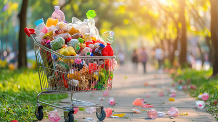 A shopping cart filled with colorful plastic waste sits on a pathway in a sunlit park, illustrating the issue of litter and environmental pollution.の素材