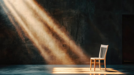 A striking image of a single wooden chair bathed in warm sunlight, creating an evocative mood in an empty room with dark walls.の素材
