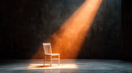 A solitary white chair stands alone in a dramatic space, illuminated by a striking spotlight amidst a dark wall and floor. This image captures themes of isolation and tranquility, ideal for artistic or minimalist design projects.の素材