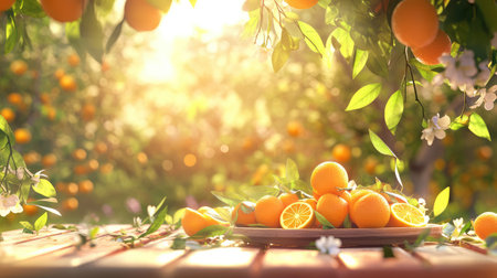 A beautiful arrangement of fresh oranges lays on a wooden table, surrounded by green leaves and delicate blossoms, capturing the essence of a bright orchard.の素材