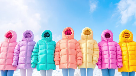 A vibrant display of individuals wearing colorful winter jackets stands against a bright blue sky, creating a cheerful winter scene.の素材