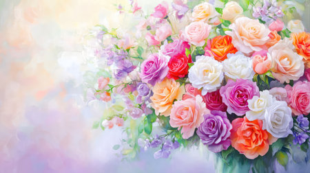 A stunning floral arrangement featuring a variety of roses and lilacs in soft pastel shades, perfect for spring decor or special occasions.の素材