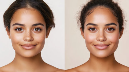 This image showcases a side-by-side comparison of a woman with a natural makeup look and her flawless skin. It highlights beauty, skincare trends, and the importance of self-care routines.の素材