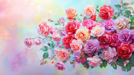 A stunning bouquet of roses with a mix of soft pastel shades creates a romantic and dreamy atmosphere, perfect for floral enthusiasts and design lovers.の素材