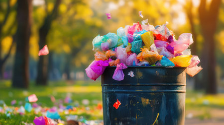 A vibrant trash bin overflowing with colorful plastic waste in a sunny park setting. Litter surrounds the bin, highlighting environmental challenges and the need for community awareness and action.の素材