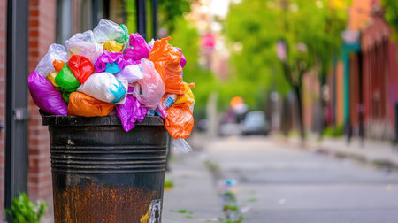 This image captures a close-up of a trash bin overflowing with colorful plastic bags on an urban street surrounded by greenery, evoking themes of waste and environmental awareness.の素材
