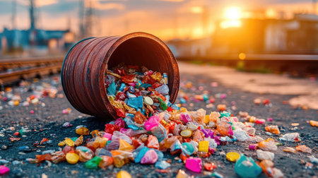 A wooden barrel has spilled colorful pieces of plastic waste onto the ground, creating a vivid scene against a sunset backdrop, highlighting pollution concerns.の素材