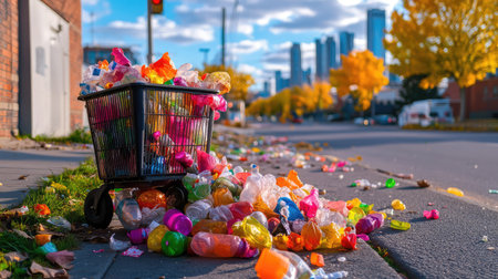 A vibrant urban scene captures a trash cart overflowing with colorful plastic waste, showcasing the pressing pollution issue against a city skyline backdrop.の素材