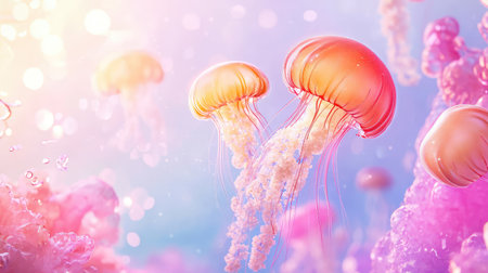 Explore a stunning underwater scene featuring colorful jellyfish that glide gracefully through soft pastel waters, surrounded by vibrant marine life.の素材