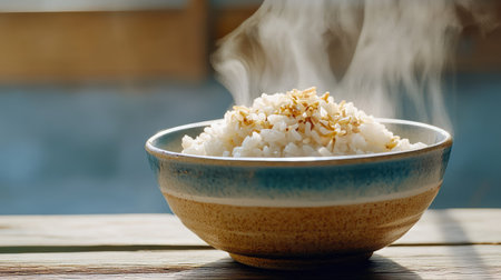 A steaming bowl of freshly cooked rice garnished with seeds sits on a rustic wooden table, capturing the essence of comfort food in a cozy setting.の素材