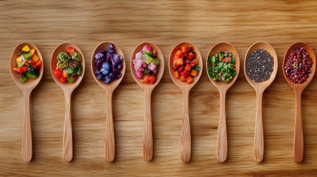 An appealing layout featuring assorted colorful spices and vegetables displayed in wooden spoons on a wooden surface, perfect for cooking concepts.の素材