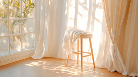 A serene room bathed in warm sunlight featuring a simple wooden stool, sheer curtains, and soft shadows creating a peaceful ambiance. Perfect for cozy moments.の素材