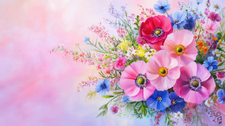 This stunning image showcases a vibrant bouquet filled with assorted wildflowers in shades of pink and blue against a soft pastel background, perfect for any nature-themed project.の素材