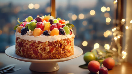 A beautifully arranged fruit cake topped with an assortment of fresh berries and fruits, perfect for any celebration. The soft evening light enhances its delicious appeal.の素材
