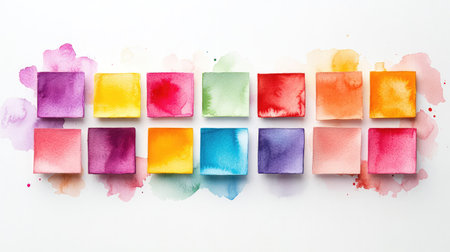This image showcases an array of colorful watercolor squares surrounded by vibrant paint splatters on a clean white background, ideal for design projects.の素材
