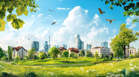 An inviting urban landscape featuring a green park with blooming flowers under a clear blue sky, complemented by a modern city skyline and serene nature.の素材