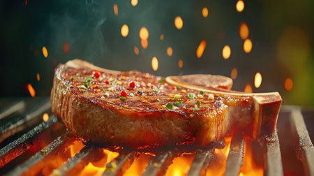 A succulent steak grilled to perfection, showcasing vibrant spices and a mesmerizing flame. This image captures the essence of outdoor cooking.の素材