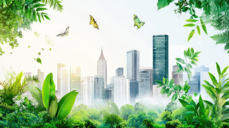 A serene blend of nature and urban life, this image showcases a city skyline enveloped by lush greenery and colorful butterflies, symbolizing harmony.の素材