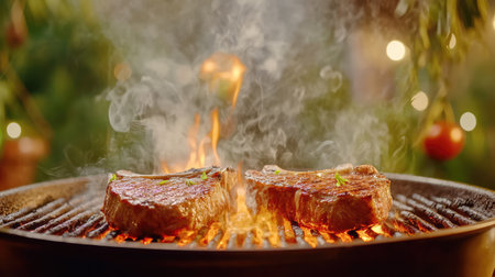 Two perfectly cooked juicy steaks are sizzling on a grill, surrounded by dancing flames and aromatic smoke, creating a warm outdoor atmosphere.の素材