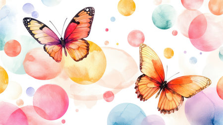 This stunning artwork features vibrant butterflies surrounded by abstract watercolor circles, creating a playful and serene atmosphere perfect for various design projects.の素材
