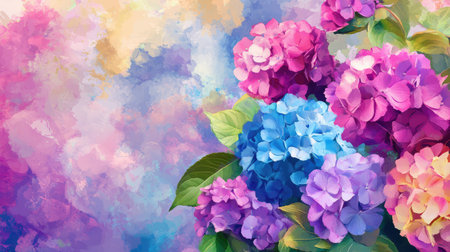 A stunning arrangement of hydrangea flowers in vibrant pink, blue, and purple hues, set against a soft pastel background, exuding beauty and tranquility.の素材