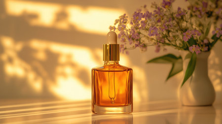 A beautifully styled amber glass dropper bottle catches the golden light, surrounded by delicate flowers. Perfect for beauty and wellness themes.の素材