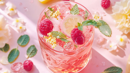 This vibrant berry cocktail features fresh raspberries, lemon slices, and mint leaves, beautifully served in a stylish glass. Perfect for summer gatherings.の素材