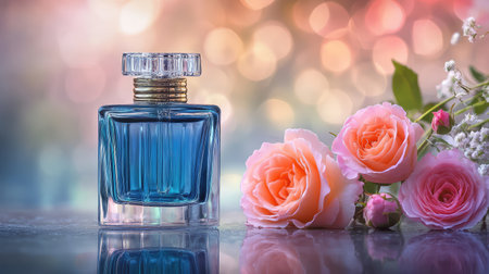 A stunning blue perfume bottle sits gracefully beside soft pink roses, creating a tranquil scene with a blurred pastel background that enhances the beauty and elegance of the arrangement.の素材