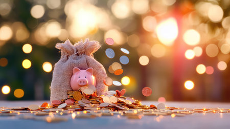 A charming scene featuring a piggy bank emerging from a burlap bag filled with coins, set against a warm sunset with bokeh lights. Ideal for finance and savings themes.の素材