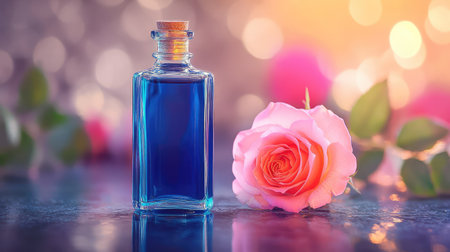 A stunning glass bottle filled with blue liquid sits next to a delicate pink rose, creating a serene and elegant composition. The soft bokeh background enhances the beauty.の素材