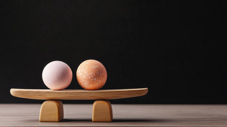 This image features two colorful decorative balls resting on a wooden stand, showcasing a minimalist aesthetic against a dark background. Ideal for home decor inspiration.の素材