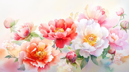A stunning watercolor illustration featuring an arrangement of peonies in soft, warm colors. Ideal for decor, invitations, and artistic projects.の素材