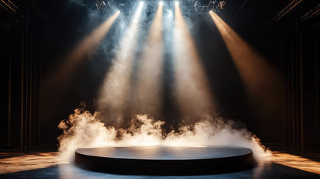 Captivating performance stage featuring a circular platform with dramatic spotlighting and mist, perfect for theatre events, shows, and artistic displays.の素材