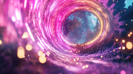 This vibrant abstract image depicts a mesmerizing spiral portal filled with glowing lights set against a cosmic backdrop, perfect for fantasy or sci-fi themes.の素材