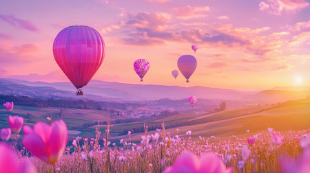 Experience the enchantment of colorful hot air balloons gracefully floating over a sea of blooming flowers, set against a stunning pink sunset.の素材