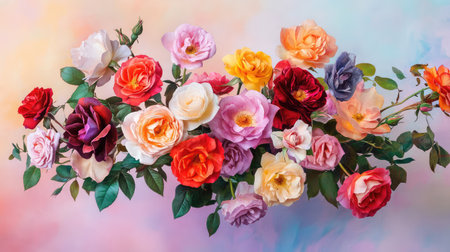 A captivating arrangement of various roses in a spectrum of vibrant colors, set against a soft pastel background, perfect for adding beauty and elegance.の素材