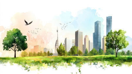 This vibrant watercolor illustration captures a harmonious blend of urban and natural elements. Featuring a lively city skyline, green park areas, and birds in flight, it represents serenity within a bustling environment.の素材