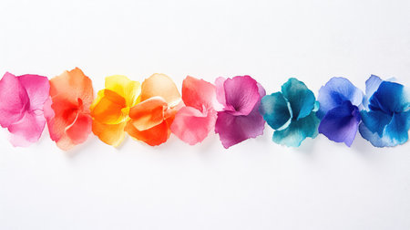 A striking display of vibrant flower petals arranged in a linear formation on a clean white background, perfect for artistic or design projects.の素材