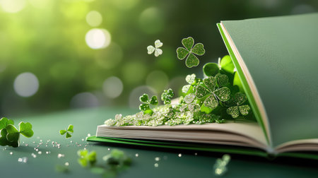 This captivating image features an open book adorned with vibrant green shamrocks, sprinkled with sparkling dew, set against a gentle green background, evoking feelings of luck and tranquility.の素材