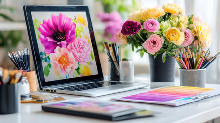 A vibrant and elegant workspace featuring colorful flower artwork on a laptop, beautiful floral arrangements, and assorted stationery for artistic inspiration.の素材
