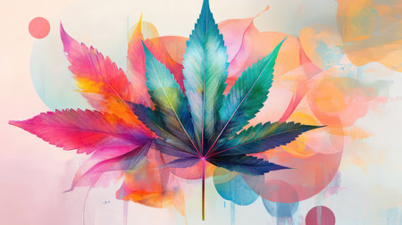 A stunning depiction of a colorful cannabis leaf set against an artistic background with vibrant hues. This unique artwork showcases creativity and nature's beauty.の素材