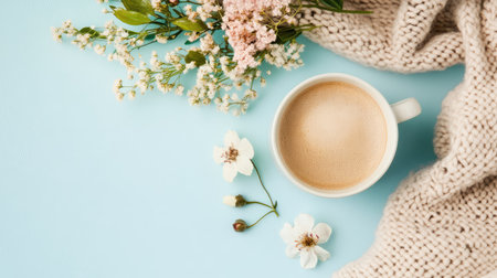 A serene coffee scene featuring a warm beverage in a white cup, surrounded by delicate flowers and a cozy knit blanket on a soft blue background.の素材
