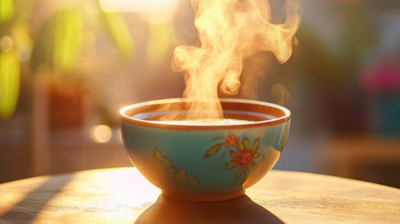 A captivating image of a steaming bowl filled with soup, showcasing its warmth and inviting aroma, surrounded by soft natural light and a rustic atmosphere.の素材