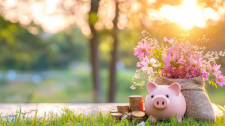 A delightful scene featuring a piggy bank adorned with colorful flowers and stacked coins, set against a serene sunset backdrop, symbolizing financial growth.の素材