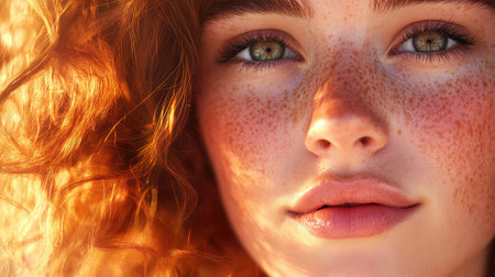 This captivating close-up portrait features a young woman with curly red hair and freckles, illuminated by warm sunlight, showcasing her natural beauty and enchanting expression.の素材