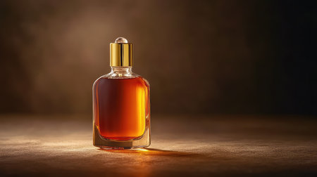 A beautifully designed amber glass bottle with a golden cap showcases a luxurious perfume. The image captures a warm, elegant ambiance perfect for beauty branding.の素材