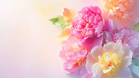 A stunning arrangement of peonies in gentle pastel hues creates a serene atmosphere perfect for backgrounds, designs, and floral art.の素材