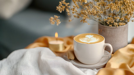 A serene setup featuring a white coffee cup with latte art beside a lit candle and a vase of dried flowers. The warm tones and soft textiles create a cozy atmosphere perfect for relaxation or leisurely moments.の素材